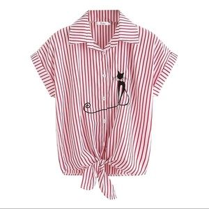 ROSHOP Size XL Pink Red Tie-Front Button Up Top Black Cat Patch Embroidery